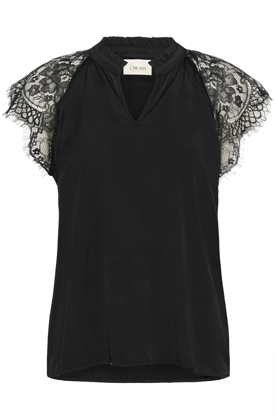 Black sleeveless top with lace sleeves on a white background