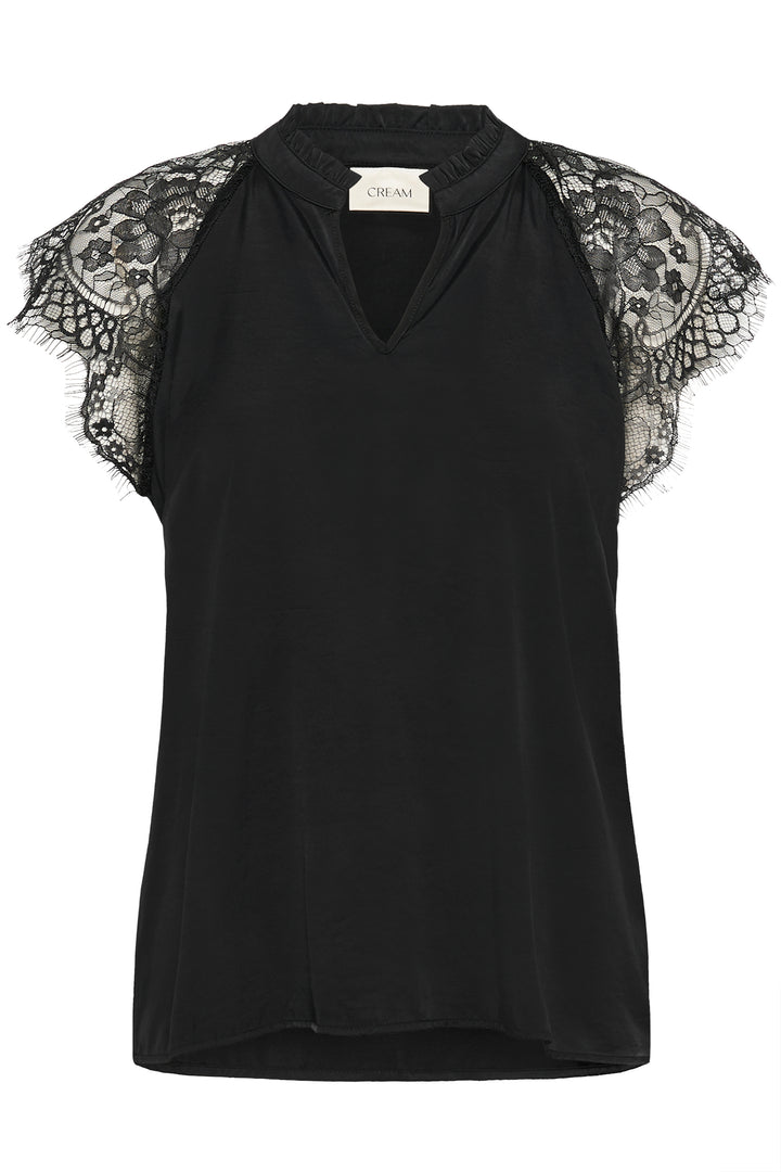 Black sleeveless top with lace sleeves on a white background