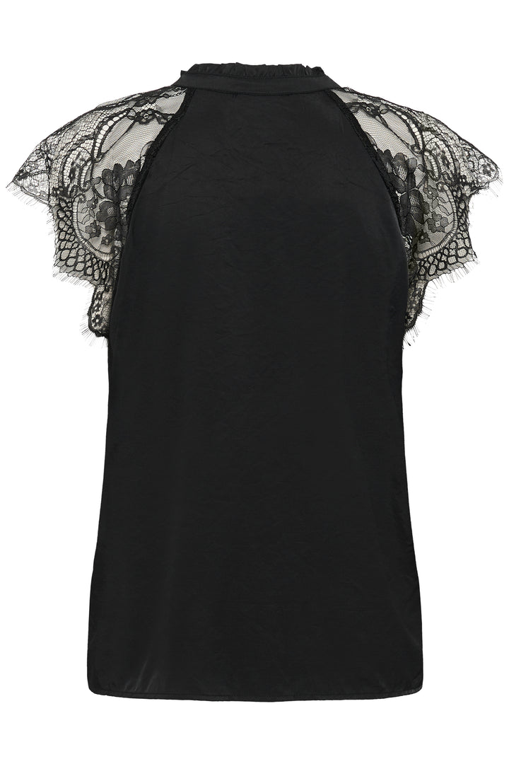 Black sleeveless top with lace detailing on a white background