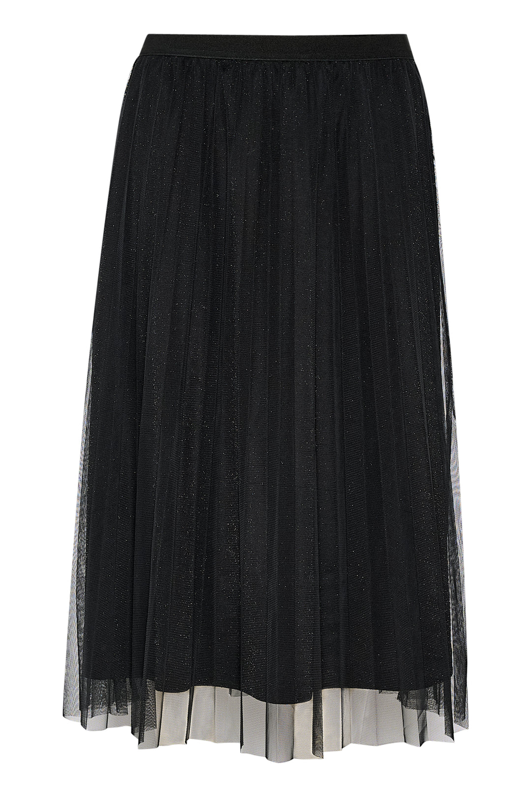 Black skirt with sheer overlay on a white background