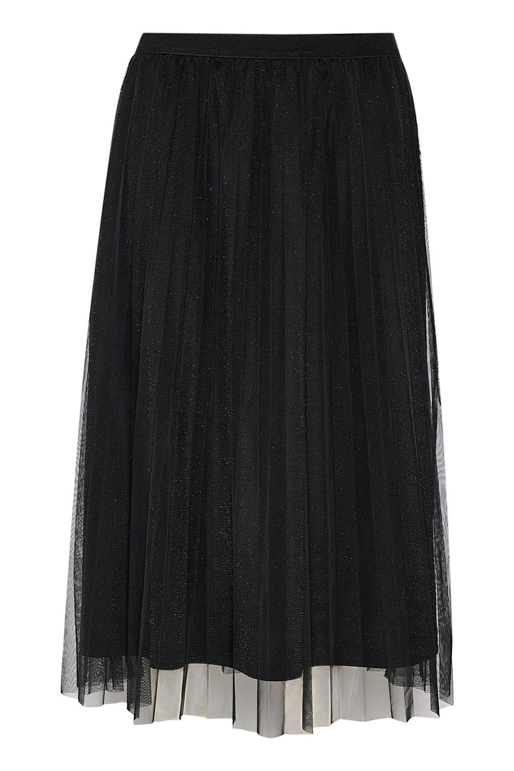 Black skirt with sheer overlay on a white background
