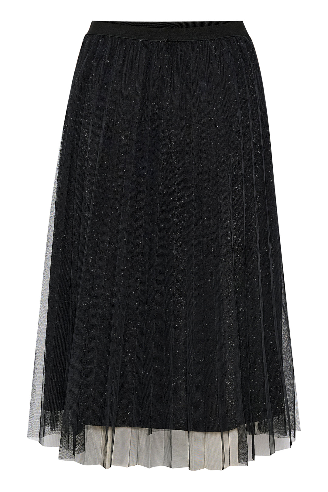 Black pleated skirt with sheer overlay on a white background