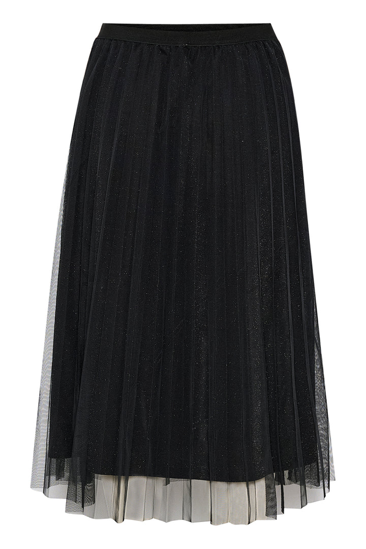 Black pleated skirt with sheer overlay on a white background