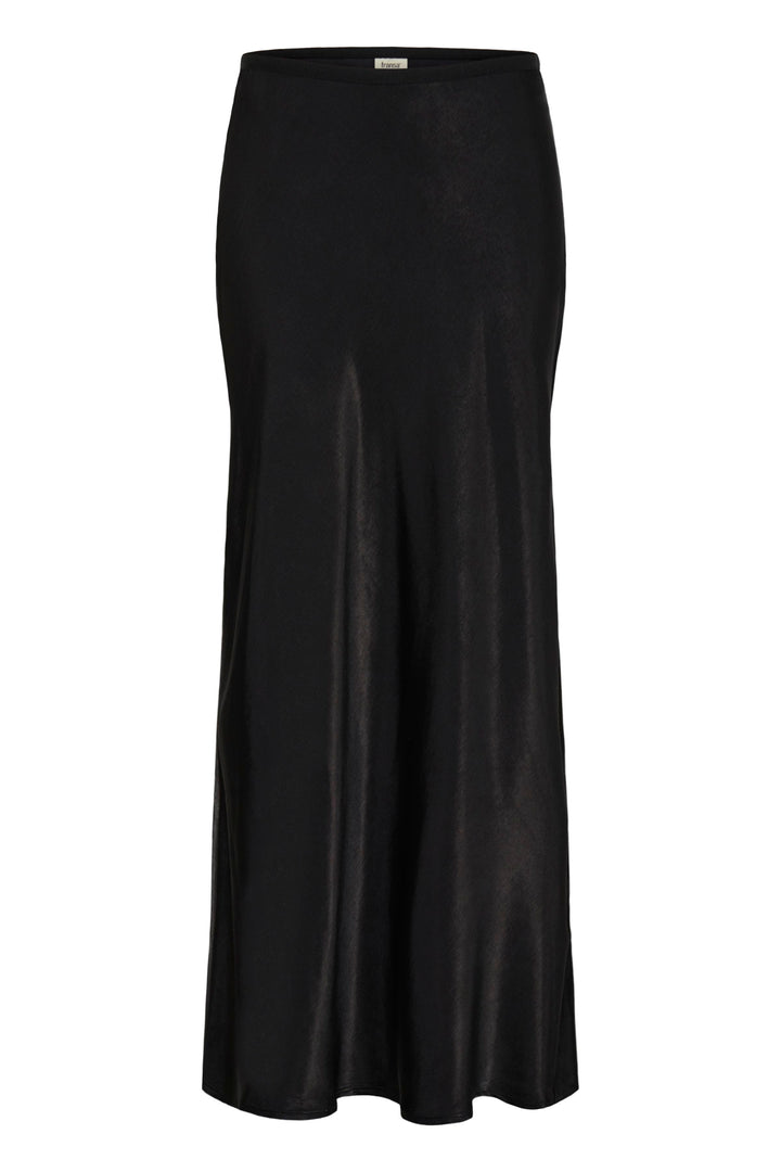 Woman's long black bias cut skirt on a white background