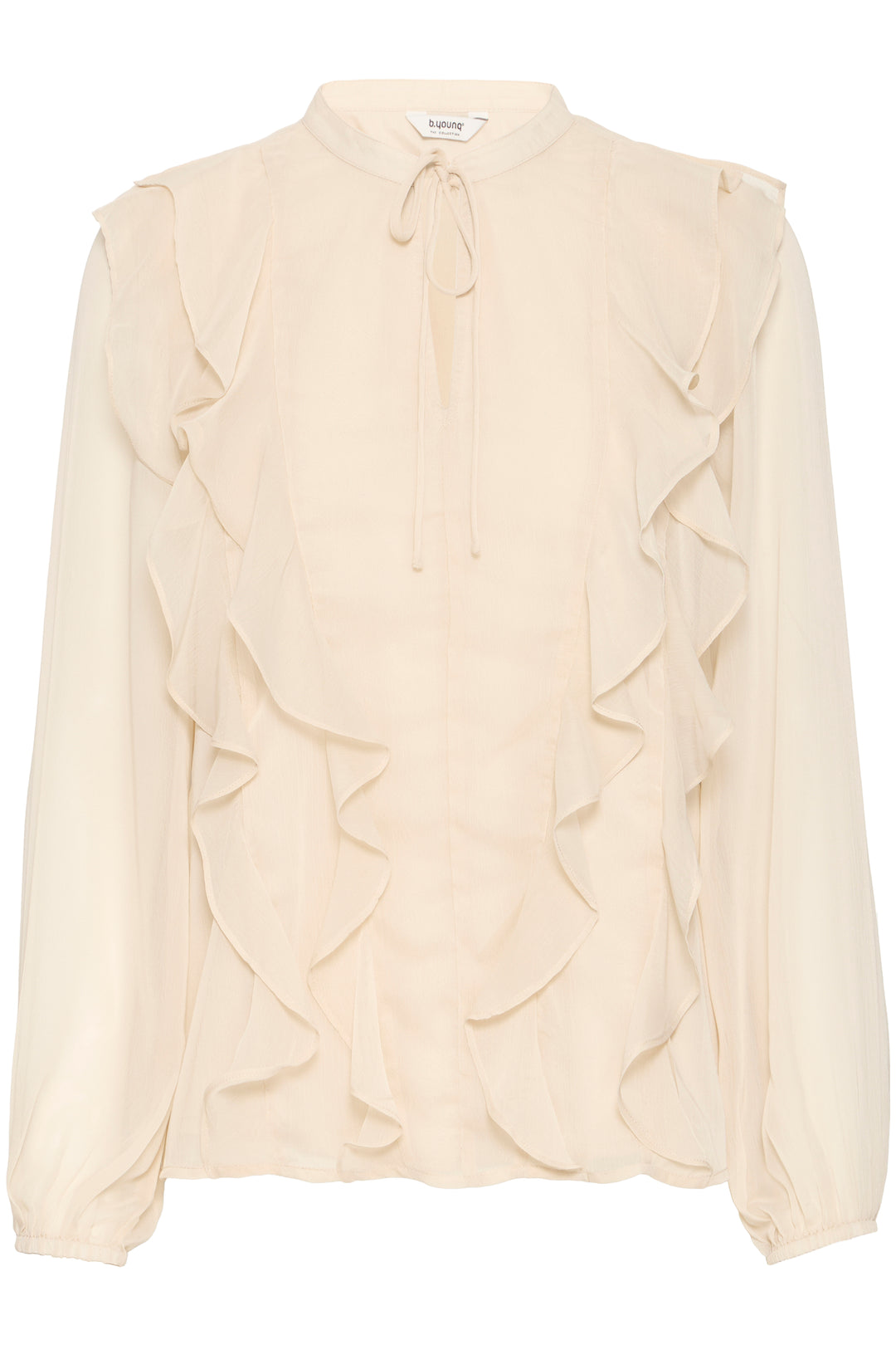 Beige blouse with ruffled details on a white background