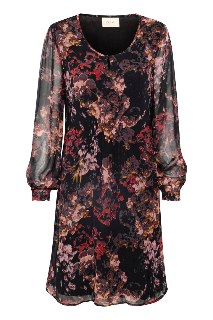 Floral patterned dress with sheer sleeves on a white background