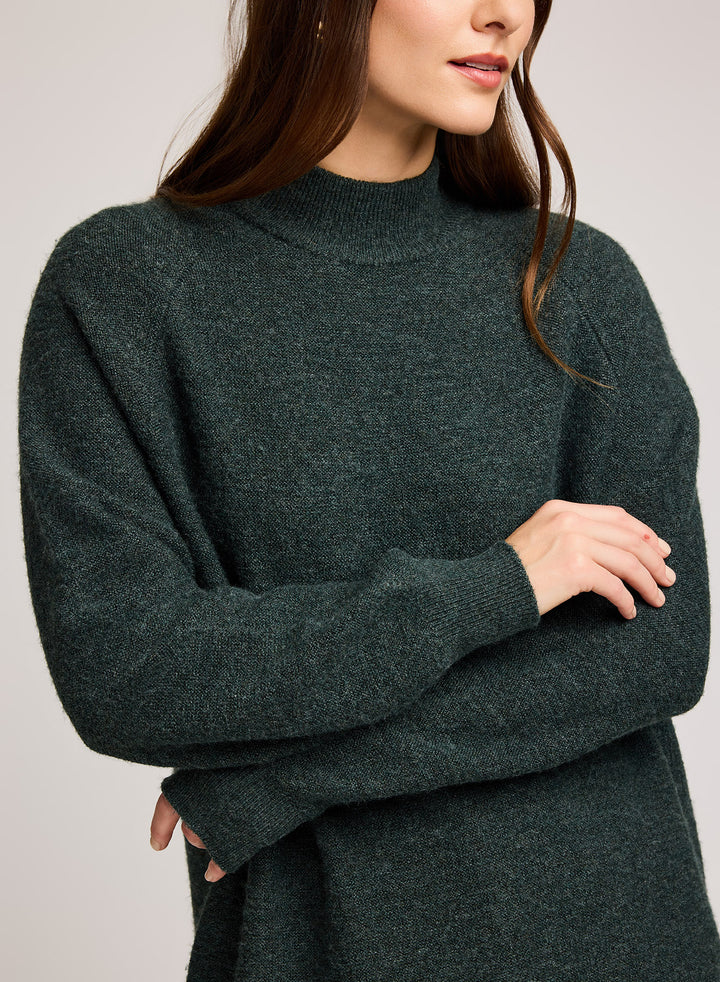 Person wearing a dark green sweater against a plain background