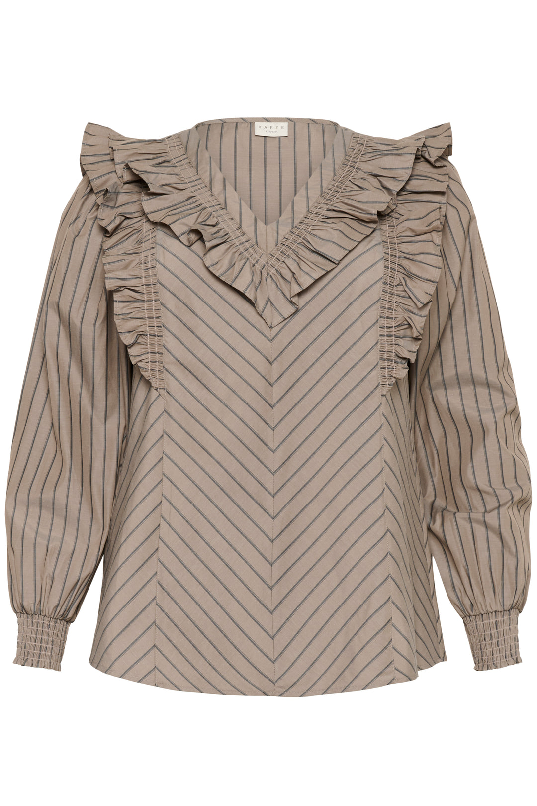 Striped blouse with ruffled details on a white background