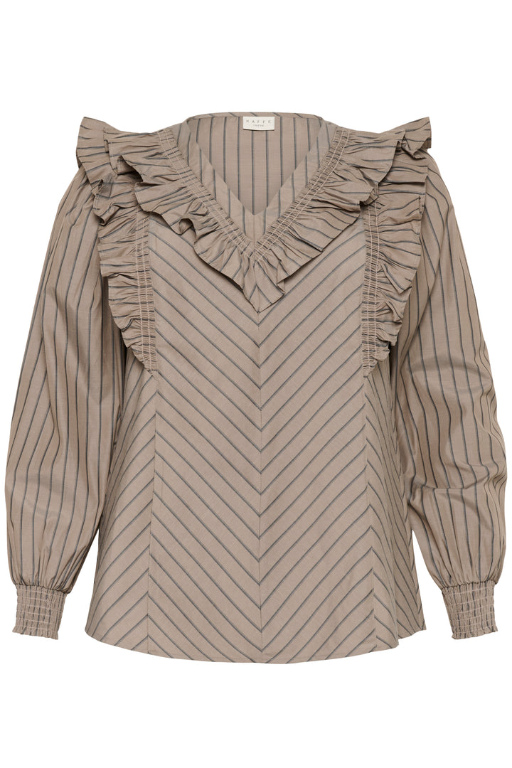 Striped blouse with ruffled details on a white background