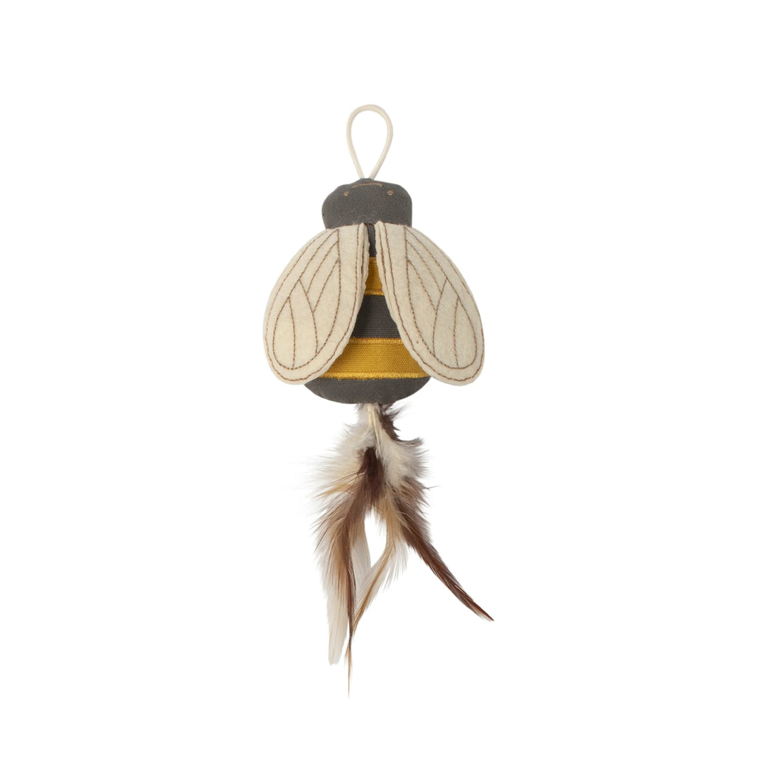 FRINGE Worth The Buzz Bee Cat Toy showing a colorful bee-shaped plush toy for cats on a white background.