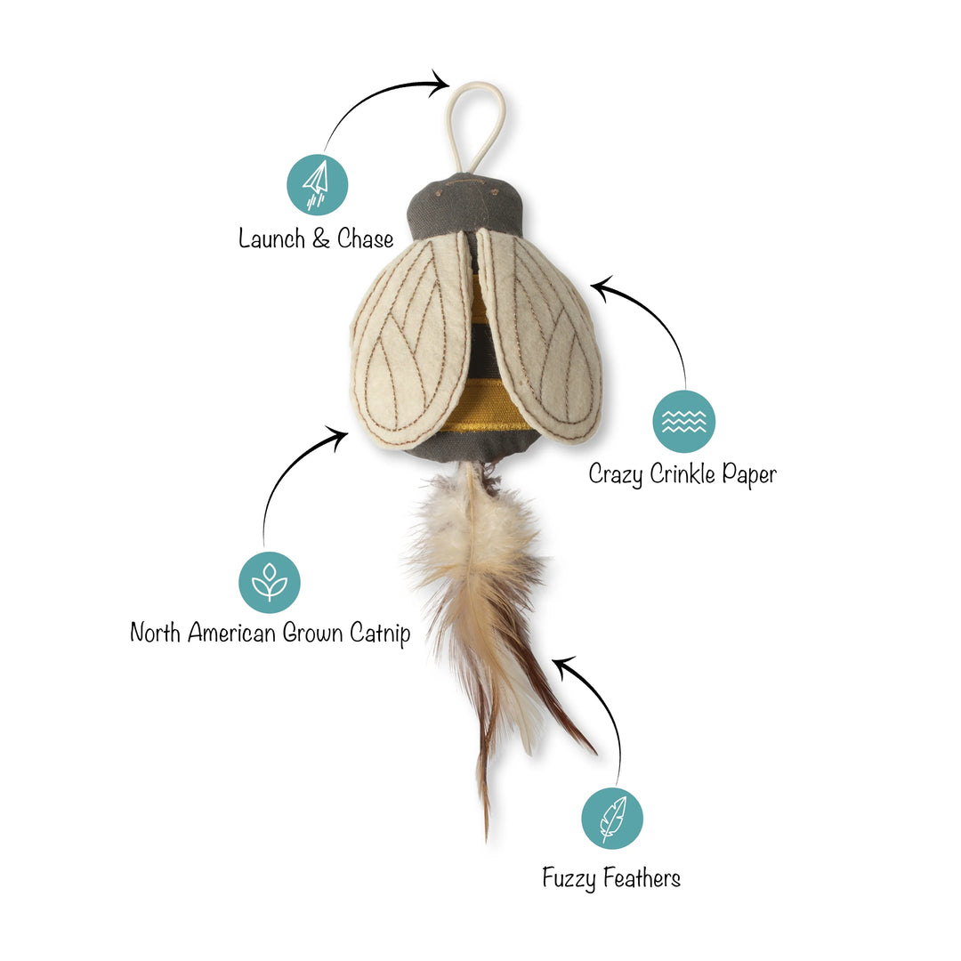 FRINGE Worth The Buzz Bee Cat Toy featuring a colorful bee design with plush and feather details for interactive feline play
