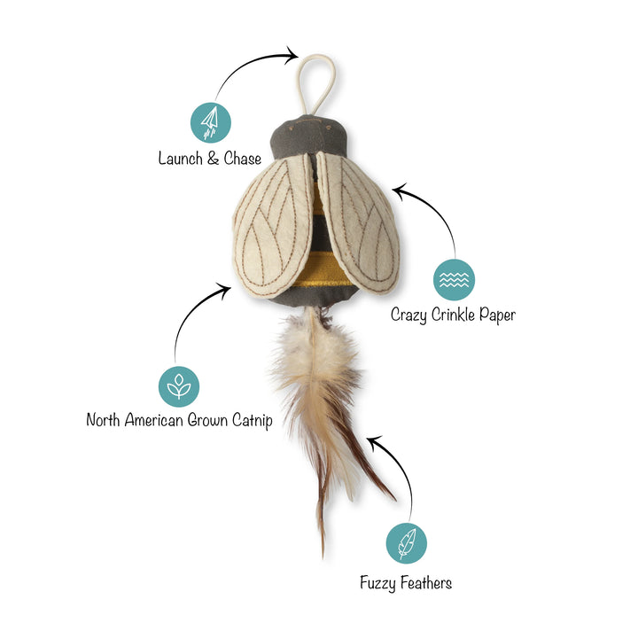 FRINGE Worth The Buzz Bee Cat Toy featuring a colorful bee design with plush and feather details for interactive feline play