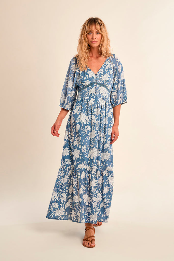 blue and white maxi dress with sleeves Clara Belle Floral Maxi Dress