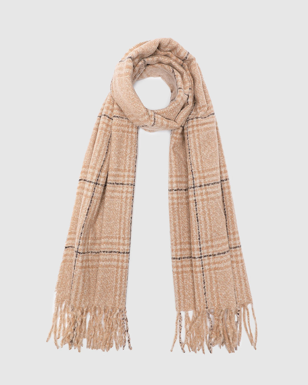 Beige plaid scarf with fringes on a light gray background