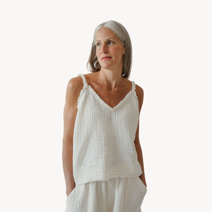 Crinkle cotton strappy tank top by Pokoloko featuring lightweight, breathable cotton fabric and a stylish, relaxed fit for casual wear.