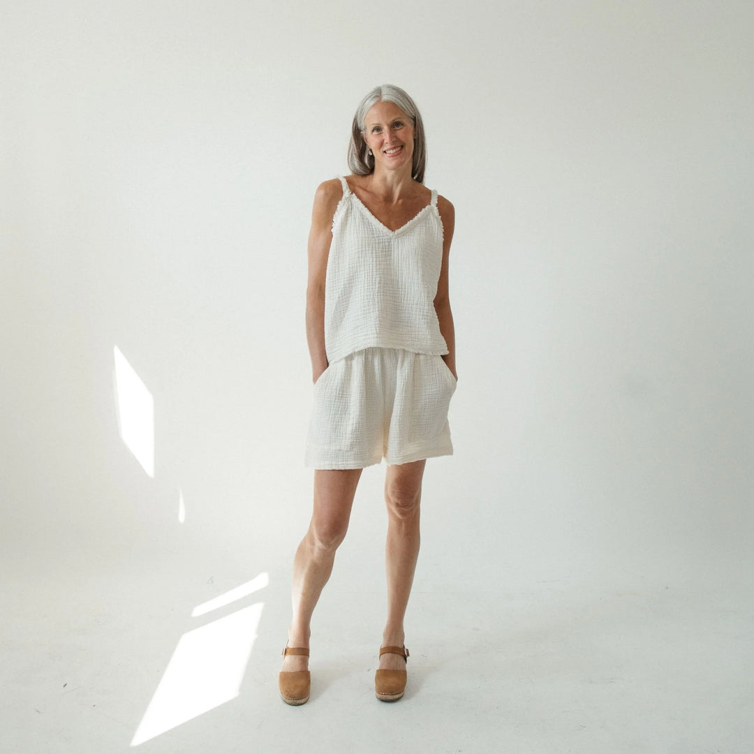 Crinkle cotton strappy tank top by Pokoloko featuring lightweight fabric and frayed straps for a casual, breezy style.