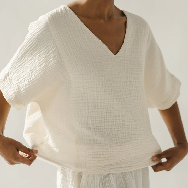 Crinkle Cotton V-Neck Top