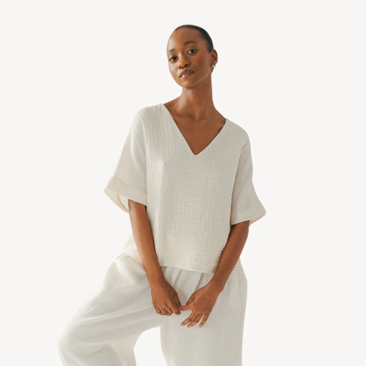 Crinkle Cotton V-Neck Top