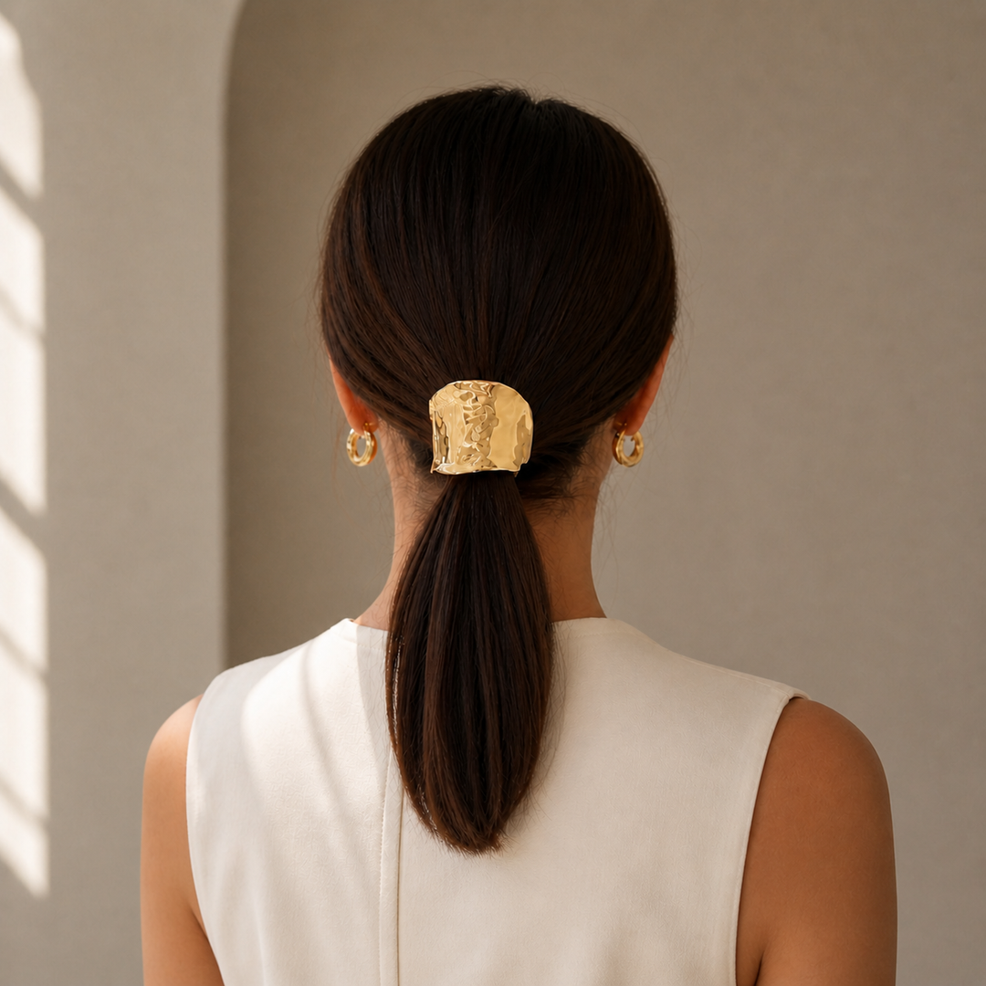 LadyJuneAccessories modern ponytail cuff in sleek metal gold design, perfect for stylish hair accessory and hair styling.