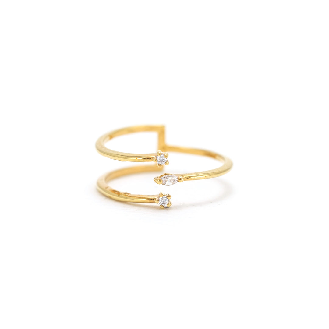 gold plated open size triple band ring with cubic zirconia stones