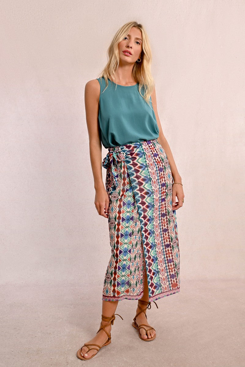 Women’s wrap midi skirt in jewel toned ethic print 