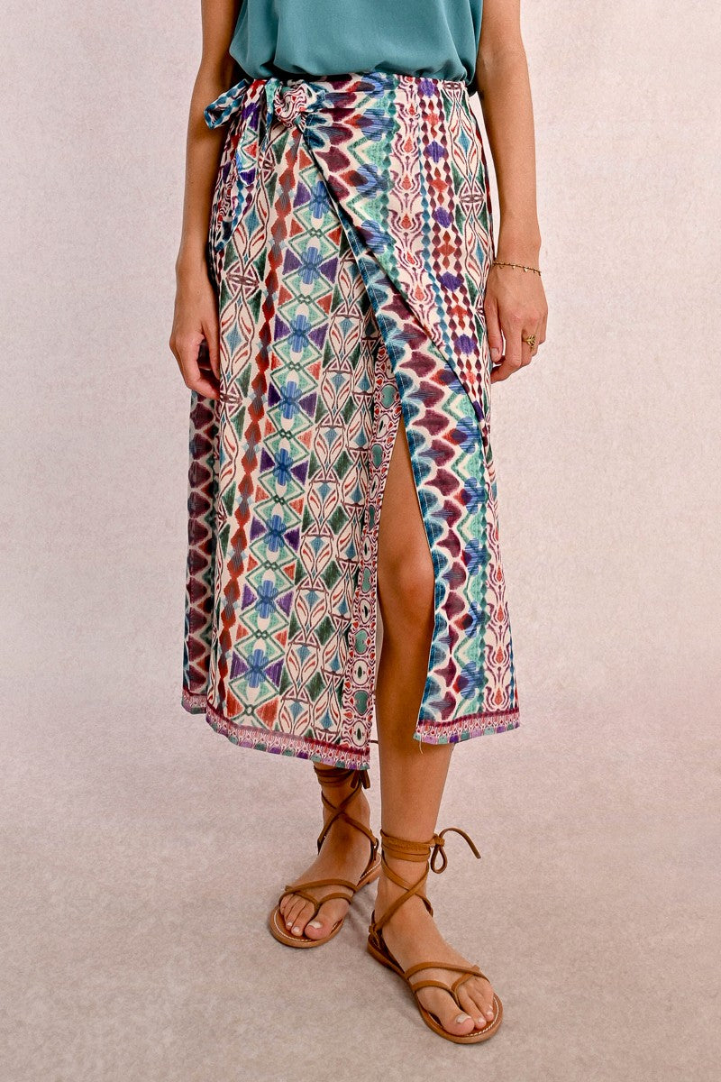 Women’s wrap midi skirt in jewel toned ethic print 