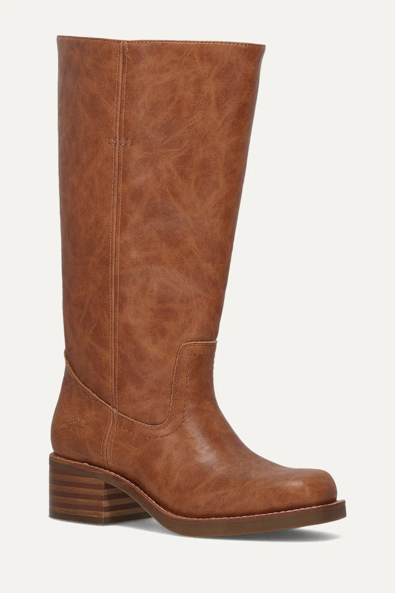 Frye & Co Miranda 14-inch tall leather boot with classic design and sturdy sole, featuring a smooth finish and stylish stitching details.