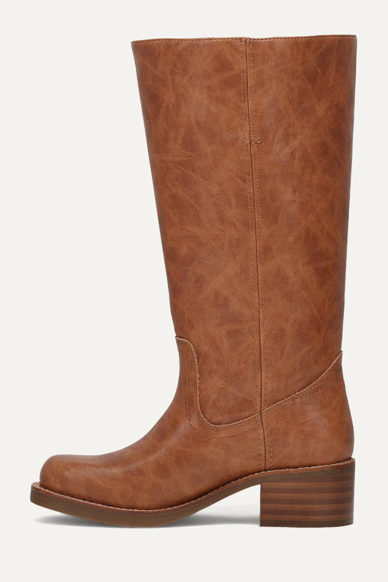 Frye & Co Miranda 14-inch tall leather boot with rounded toe and stacked heel, stylish and durable footwear for women.