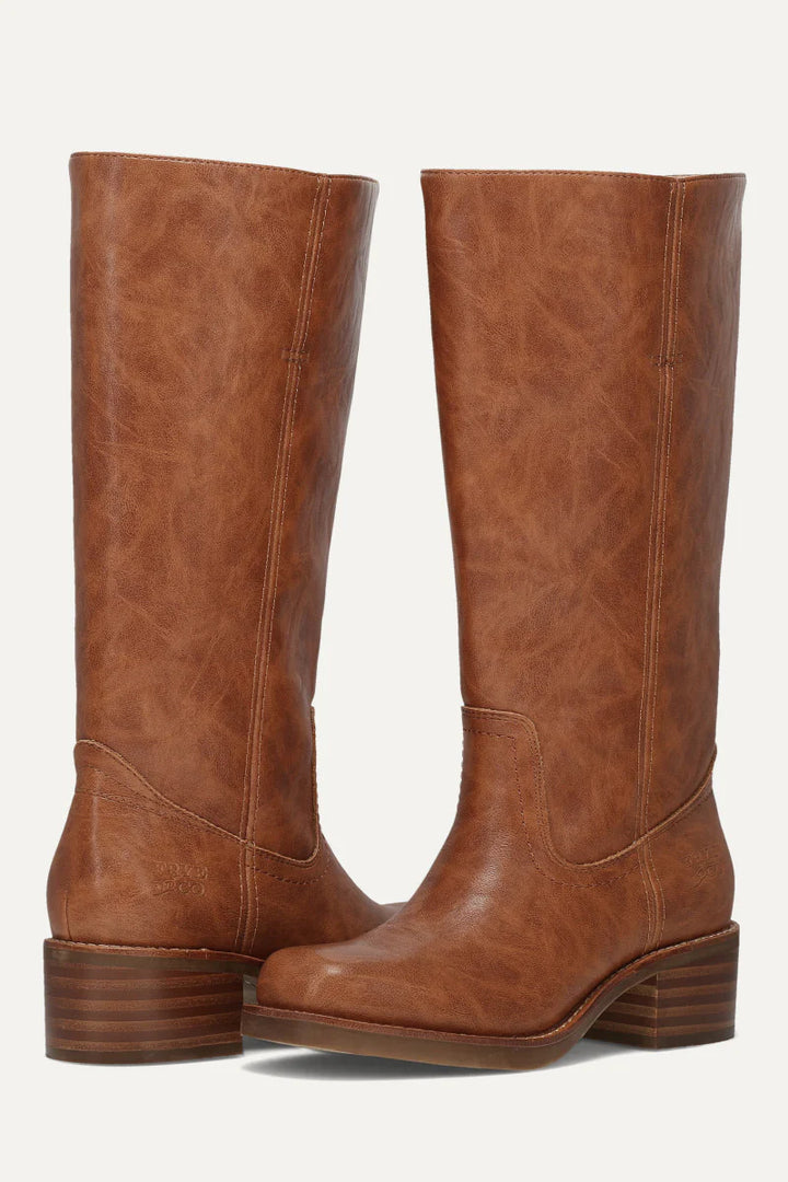 Frye & Co Miranda 14 Boot showing a stylish leather ankle boot with a rounded toe and stacked heel.
