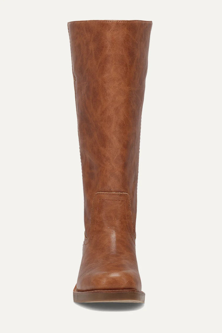 Frye & Co Miranda 14-inch tall leather boot with stacked heel and classic design, perfect for casual or outdoor wear.