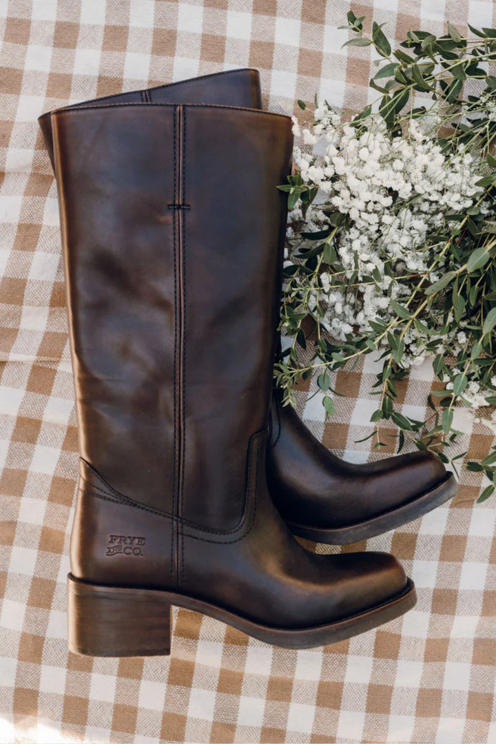 Dark brown Frye & Co Miranda 14 Boot with wide calf design, featuring sleek leather and stylish stitching.