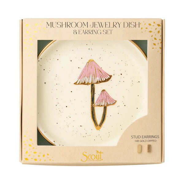 mushroom ceramic jewelry dish gift set with gold stud earring