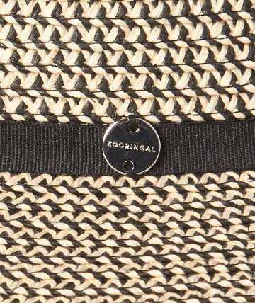 Women’s wide brim sun hat black and natural woven with black crown band and adjustable sweatband 