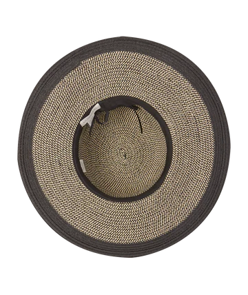 Women’s wide brim sun hat black and natural woven with black crown band and adjustable sweatband 