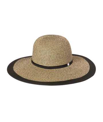 Women’s wide brim sun hat black and natural woven with black crown band and adjustable sweatband 