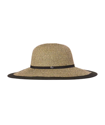 Women’s wide brim sun hat black and natural woven with black crown band and adjustable sweatband 