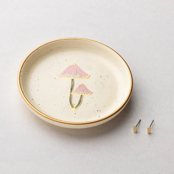 mushroom ceramic jewelry dish gift set with gold stud earring