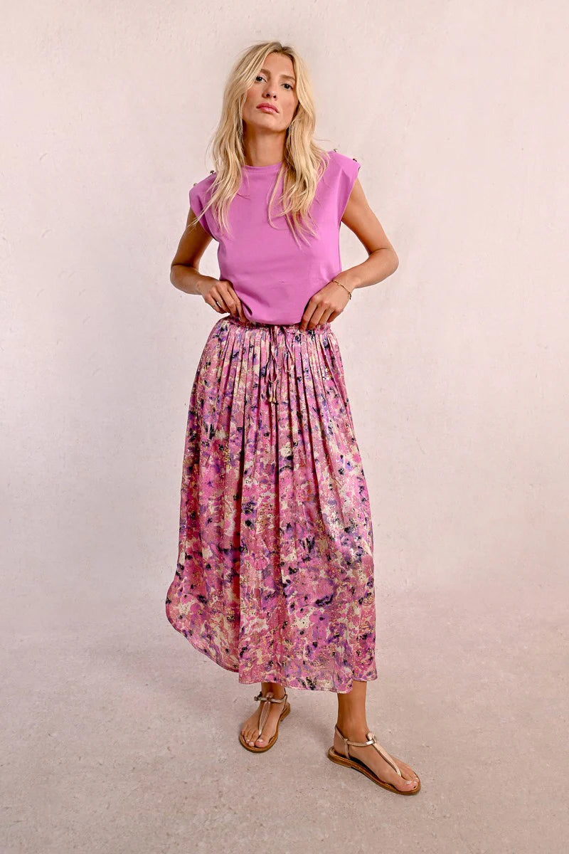 Women’s flowy pleated maxi skirt with pink mauve purple and gold abstract floral print
