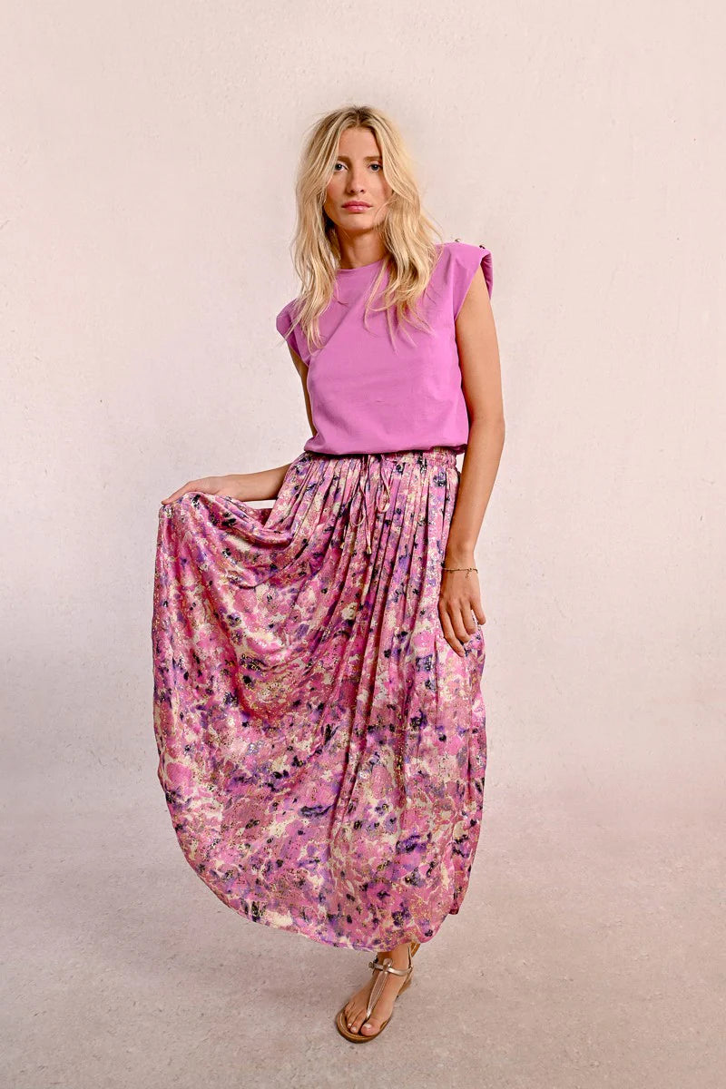 Women’s flowy pleated maxi skirt with pink mauve purple and gold abstract floral print