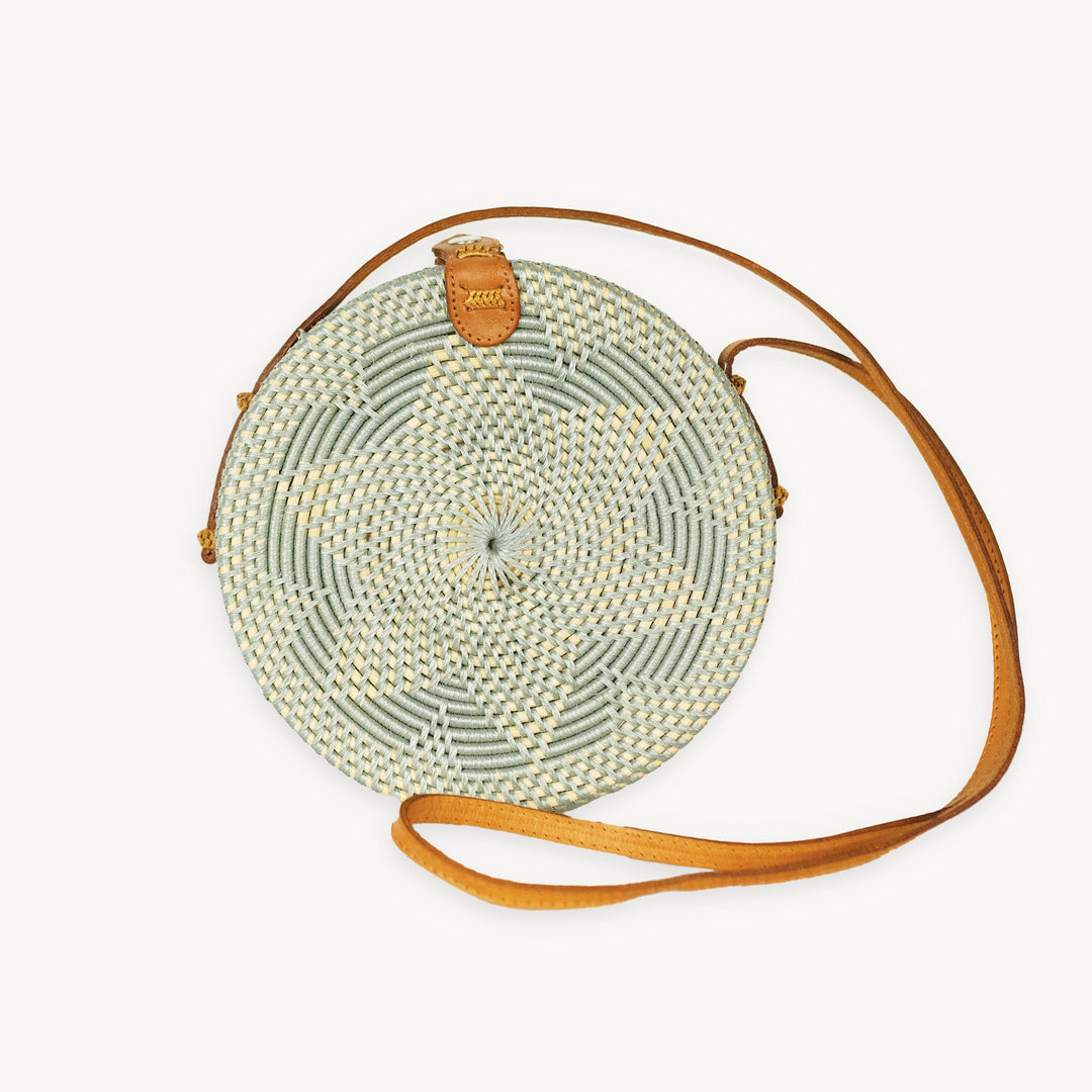 round Grey Floral rattan Bali bag with leather strap