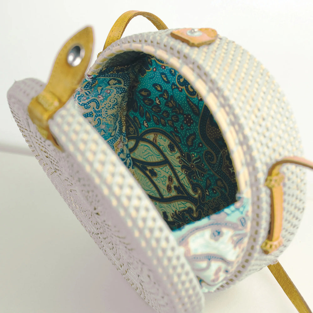 round Grey Floral rattan Bali bag with leather strap
