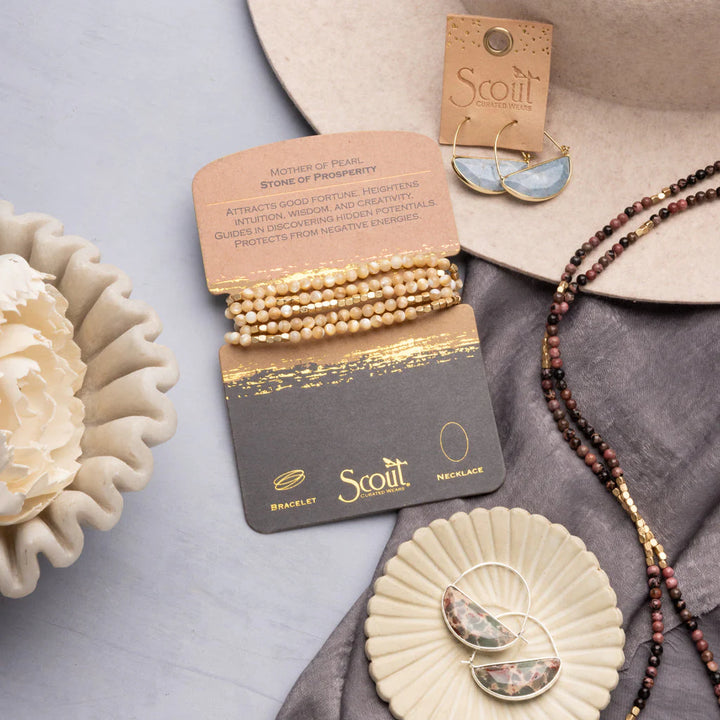 Stone Wrap Bracelet/ Necklace- Mother of Pearl/Gold - Stone of Prosperity