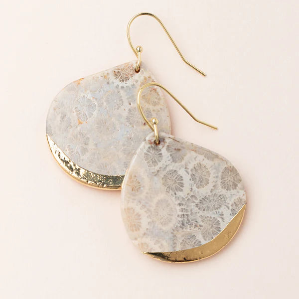 gold dipped hypoallergenic teardrop earring with natural stone coral fossil