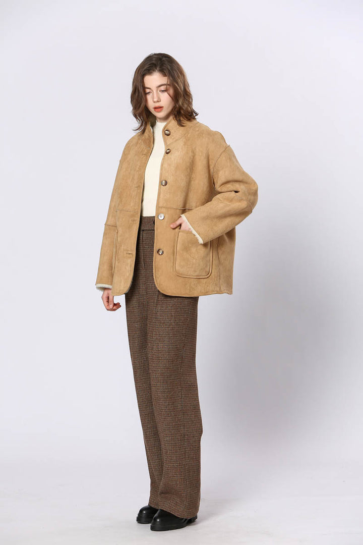tan reversible faux suede fall jacket with shearling lining