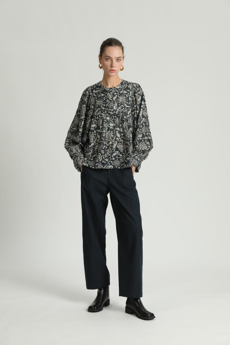 See U Soon Tarik Block Print Floral Peasant Blouse with long sleeves and embroidered details, displayed on a hanger.