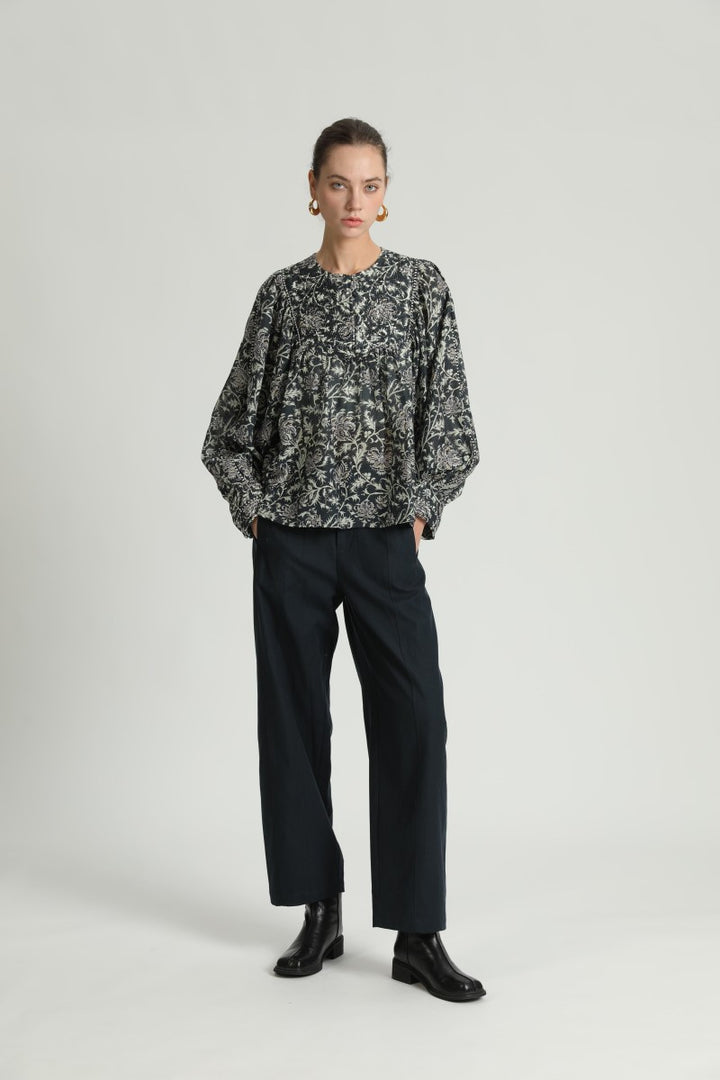 See U Soon Tarik Block Print Floral Peasant Blouse with long sleeves and embroidered details, displayed on a hanger.