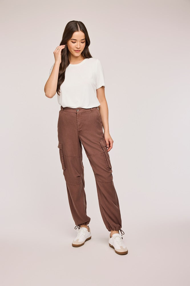 women's brown cargo pant trouser with drawstring cuff