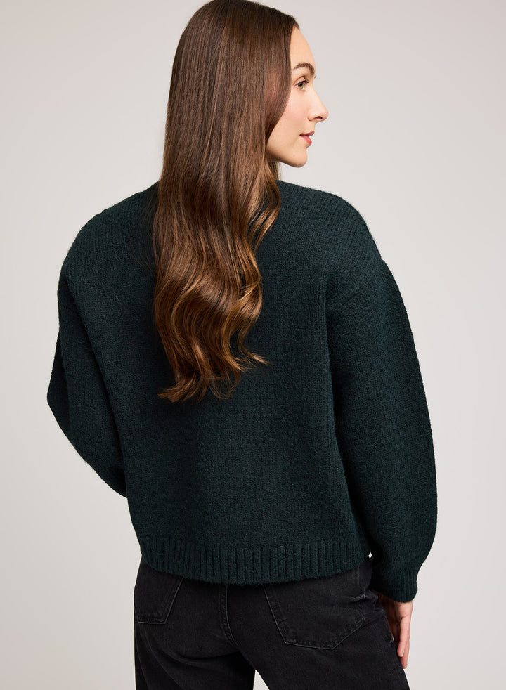 Person wearing a dark green sweater on a light gray background